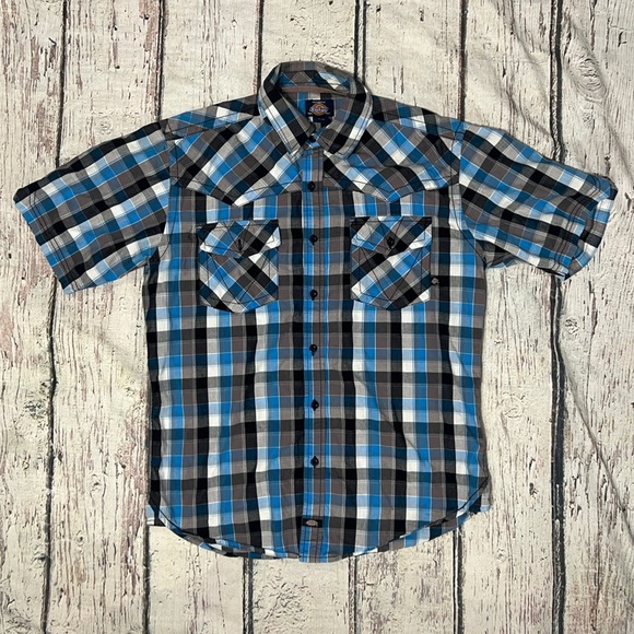 Dickies Blue and Black Casual Button Down Shirt Summer Check Short Sleeve - Picture 1 of 6